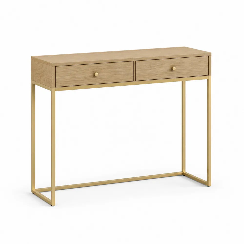 Konsolentisch mit 2 Schubladen MDF Eiche Optik Metallgestell Gold Rechteckig 120 x 35 x 80 cm