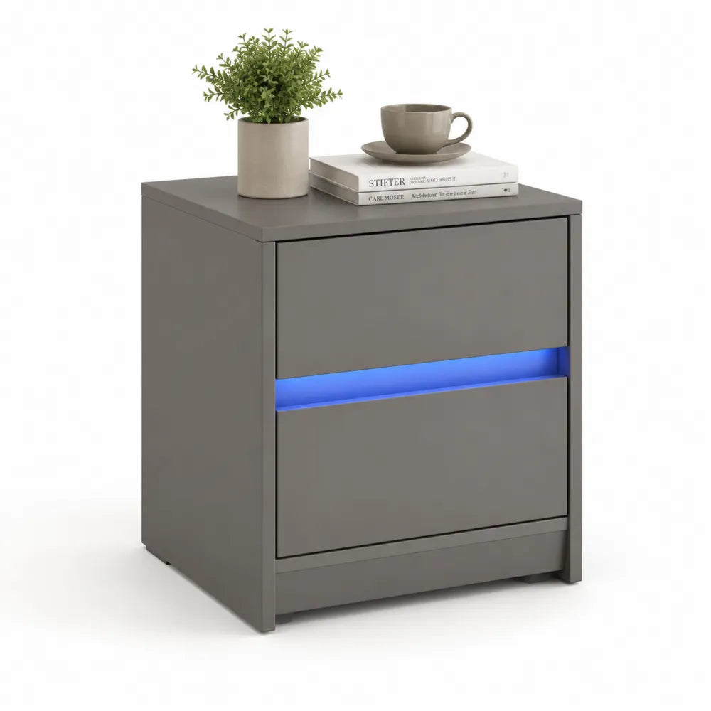 Nachttisch mit LED Beleuchtung zwei Schubladen MDF Oberfläche Grau 50 x 40 x 55 cm