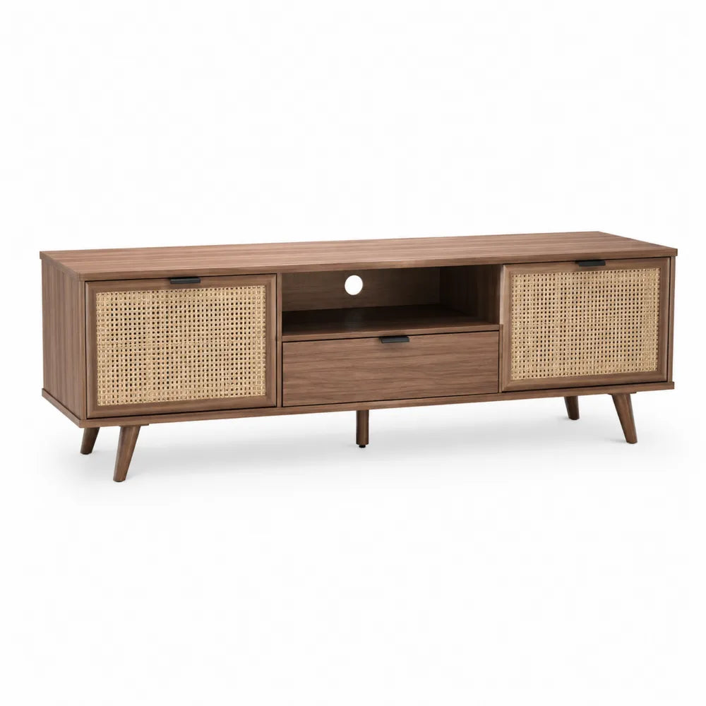 TV Lowboard mit zwei Türen Schublade MDF Rattan Front Holzdekor Braun 180 x 40 x 55 cm
