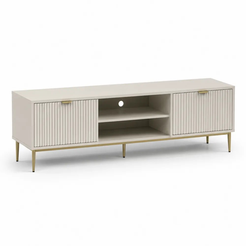 TV Lowboard MDF mit Türen und offenen Fächern geriffelte Front Weiß Gold 180 x 40 x 50 cm