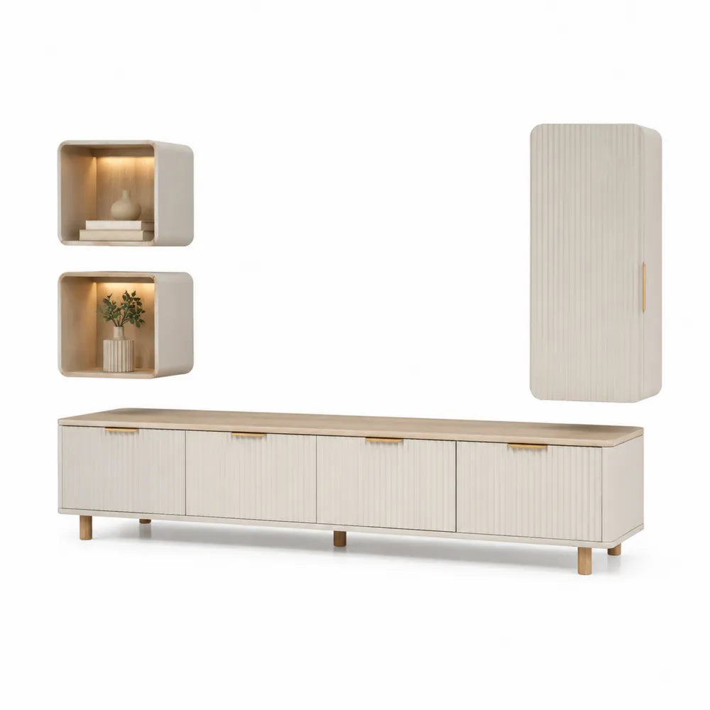 TV Lowboard Set mit Wandregalen 4 Türen MDF geriffelte Front Cremeweiß Natur 200 x 40 x 45 cm
