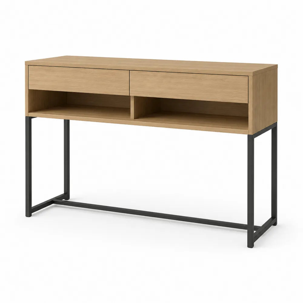 Konsolentisch mit 2 Schubladen Ablage MDF Eiche Optik Stahlgestell Schwarz Rechteckig 120 x 35 x 80 cm