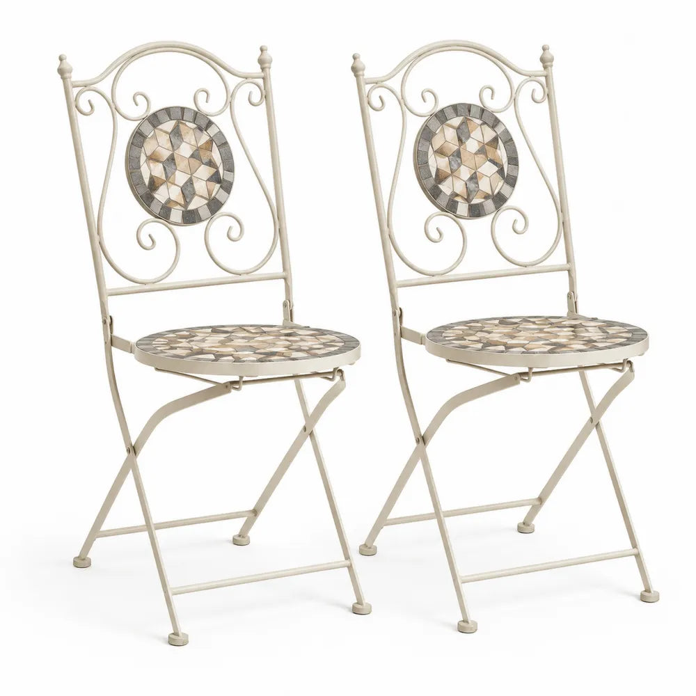 Esszimmerstuhl Set 2 Stück Klappstuhl Metallrahmen Keramikmosaik Sitzfläche Creme Mehrfarbig 42 cm x 50 cm x 90 cm