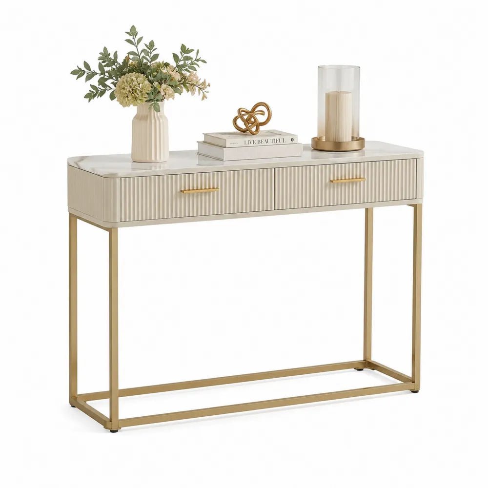 Konsolentisch mit Schubladen MDF Metallgestell Rechteckig Beige Gold 120 cm x 35 cm x 80 cm
