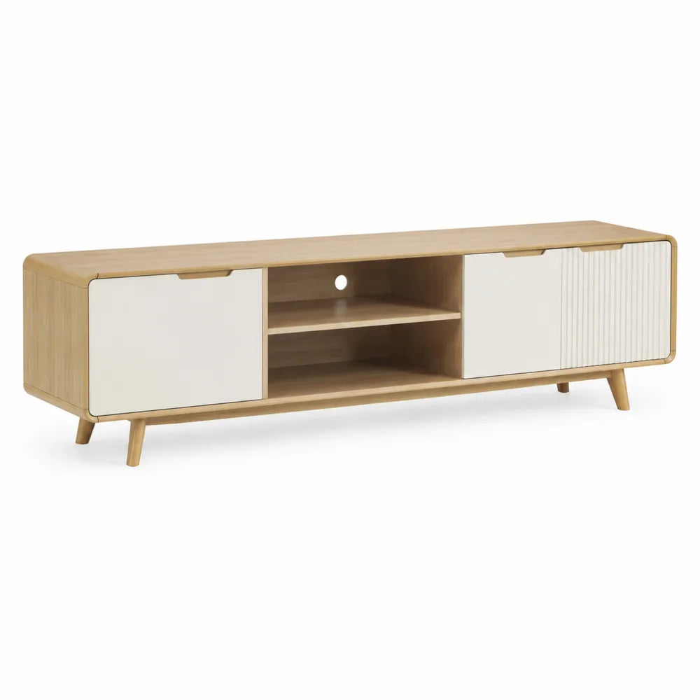 TV Lowboard mit 2 Türen MDF geriffelte Front Holzdekor Weiß Natur 200 x 40 x 45 cm