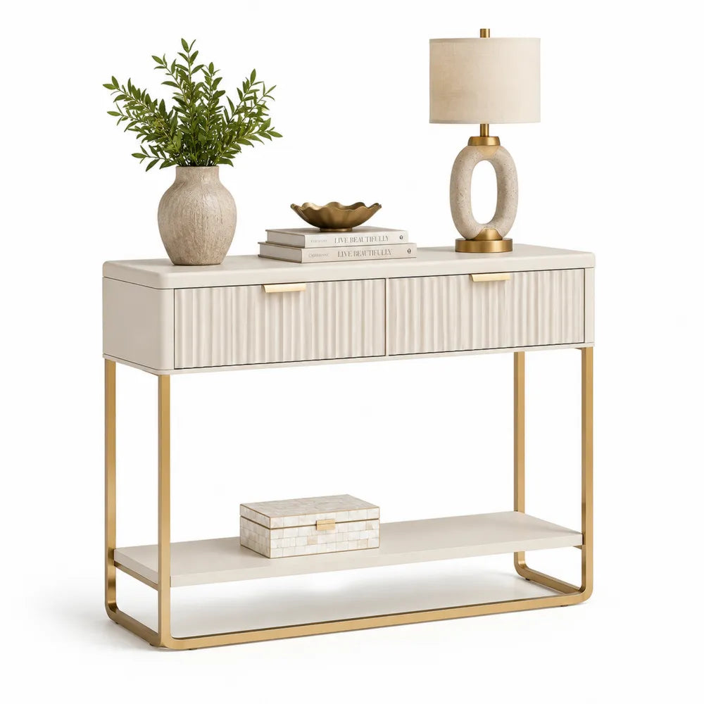 Konsolentisch mit Schubladen MDF Metallgestell Rechteckig Beige Gold 120 cm x 35 cm x 80 cm