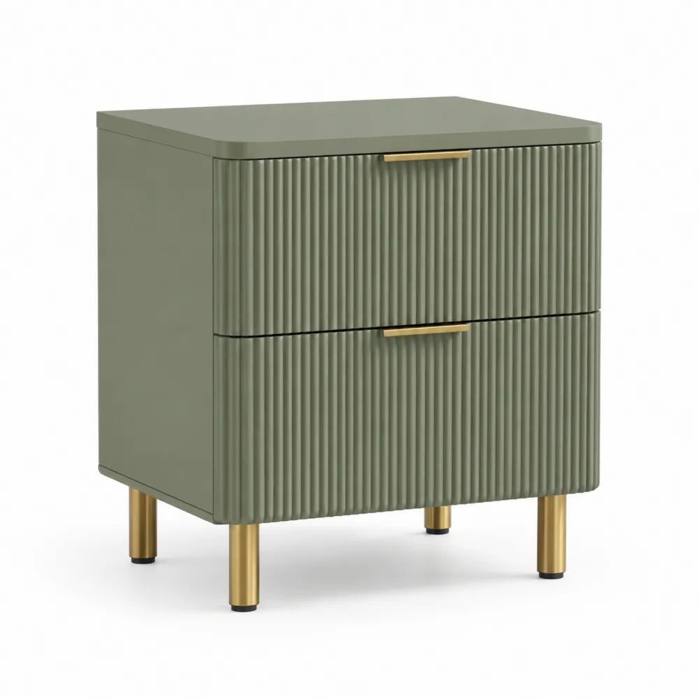 Nachttisch mit zwei Schubladen geriffelte MDF Fronten Metallbeine Grün Gold 60 x 40 x 55 cm