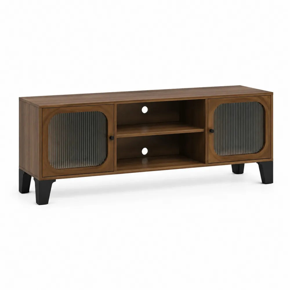 TV Lowboard MDF Walnuss Optik mit Glastüren und offenen Fächern Schwarz 200 x 40 x 50 cm