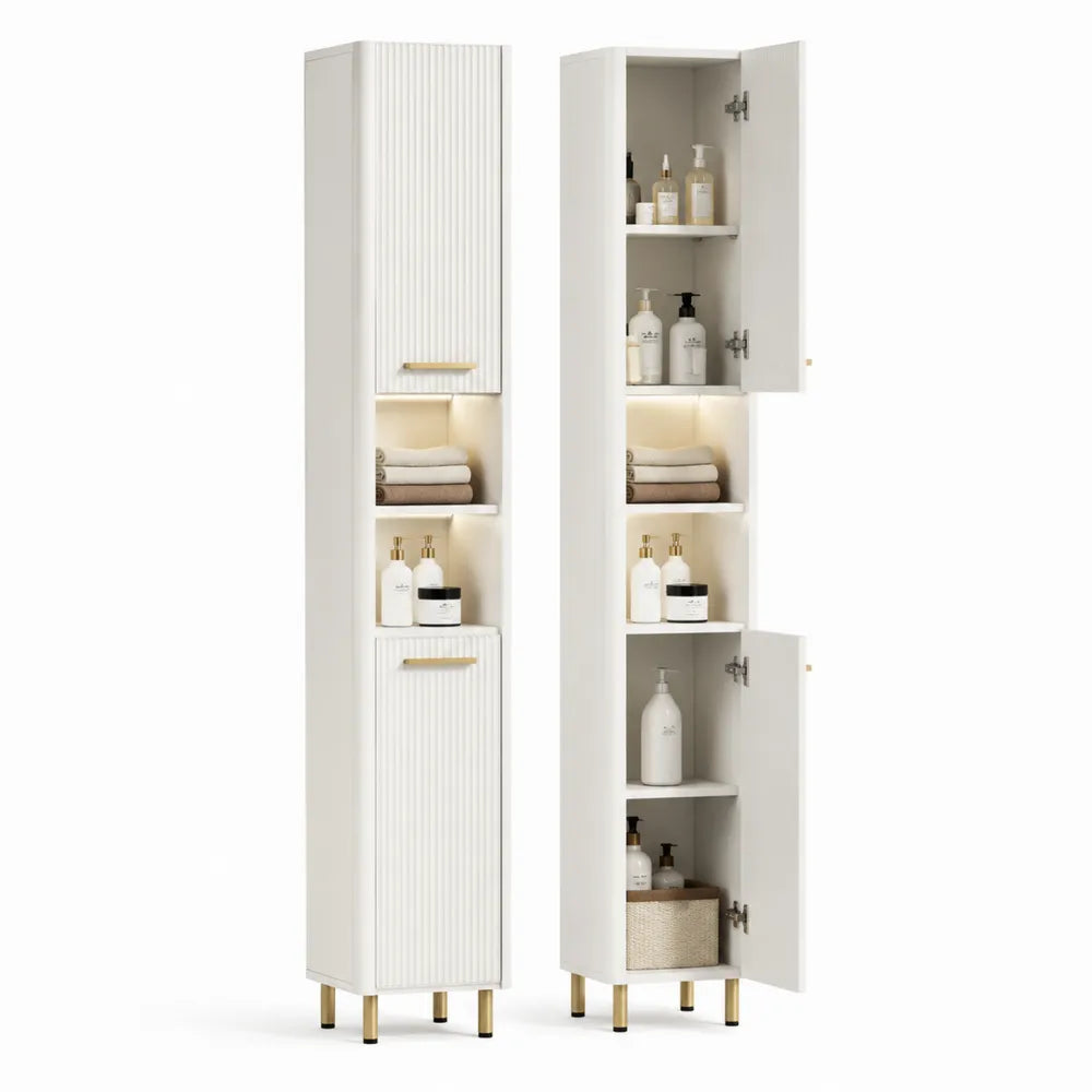 Badezimmer Hochschrank MDF mit Türen Regalfächern Rillenfront Weiß Gold 35 cm x 30 cm x 170 cm