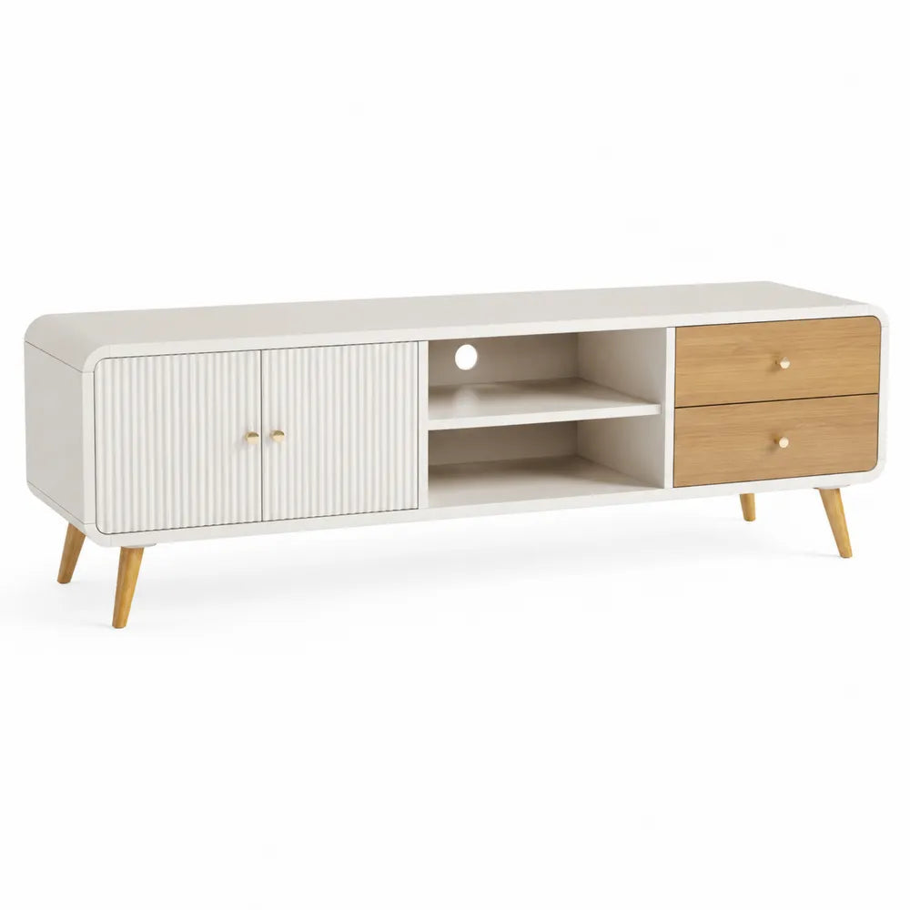 TV Lowboard MDF mit Türen Schubladen und offenem Fach Weiß Natur Gold 200 x 40 x 50 cm