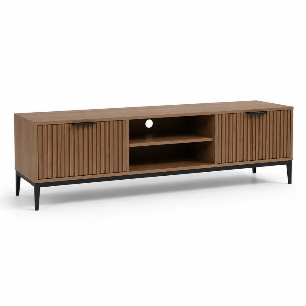 TV Lowboard mit zwei Türen MDF geriffelte Fronten Holzdekor Schwarz 220 x 40 x 55 cm