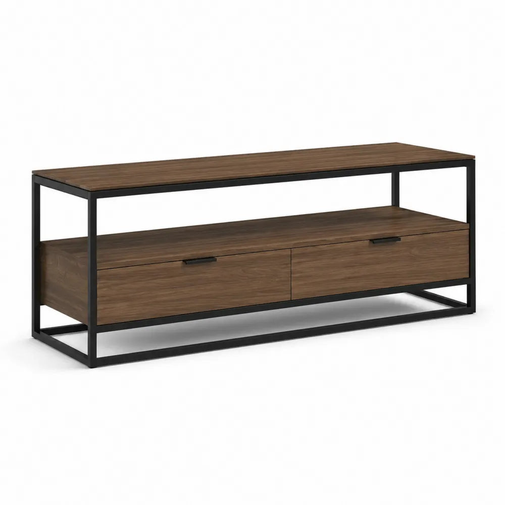 TV Lowboard MDF Walnuss Optik mit Schubladen offenem Fach Metallrahmen Schwarz 200 x 40 x 45 cm