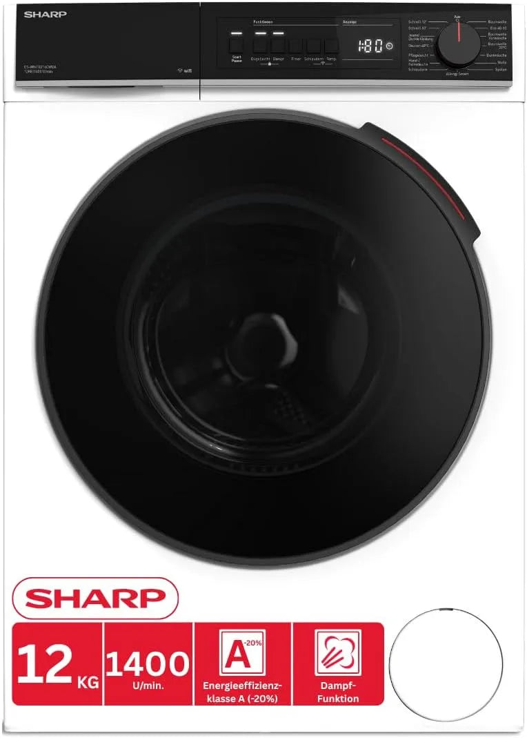 Sharp ES-WNFB214CWDA-DE Waschmaschine, 12 kg, WLAN, Inverter, Dampf, aquaStop, Weiß, EEK A-20%, 1400 U/min, WiFi