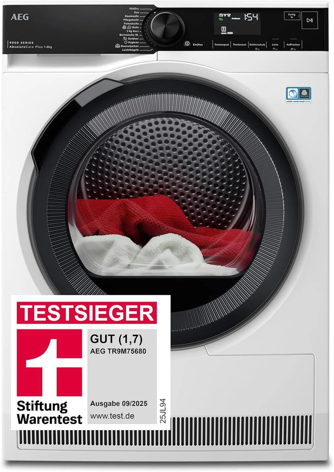 AEG Serie 9000 3D-Scan Wäschetrockner, 8 kg, 3D-Optik, Testsieger der Stiftung Warentest 2025, TR9M75680, Serie 9000: AbsoluteCarePlus Daunentrocknung