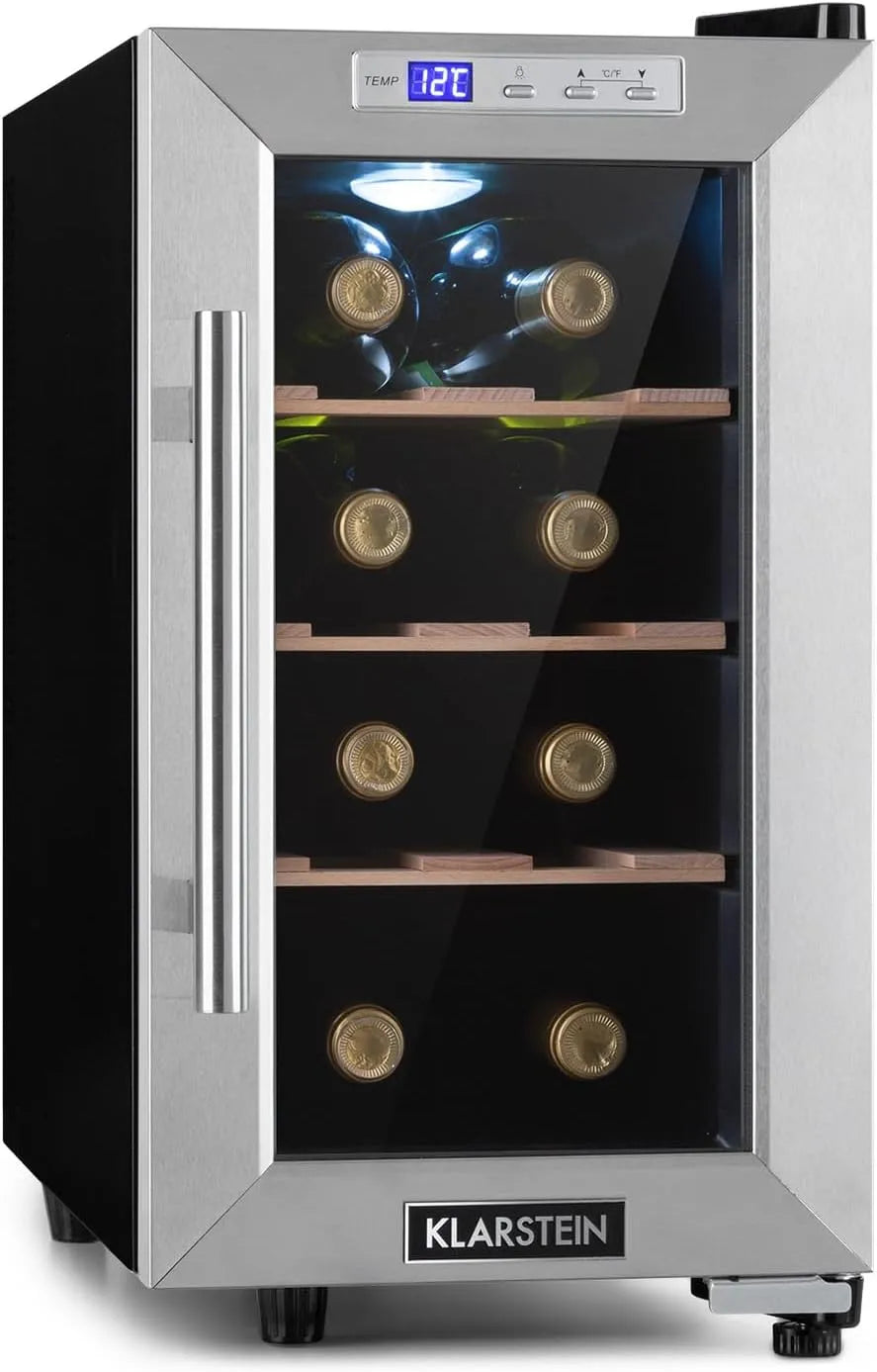 Klarstein Weinkühlschrank, 6 Flaschen, 1 Kochzonen, 11 bis 18 °C, Glas, schmal, freistehend, Outdoor, Weinkühlschrank Klein, Kühlschrank mit UV-Schutz