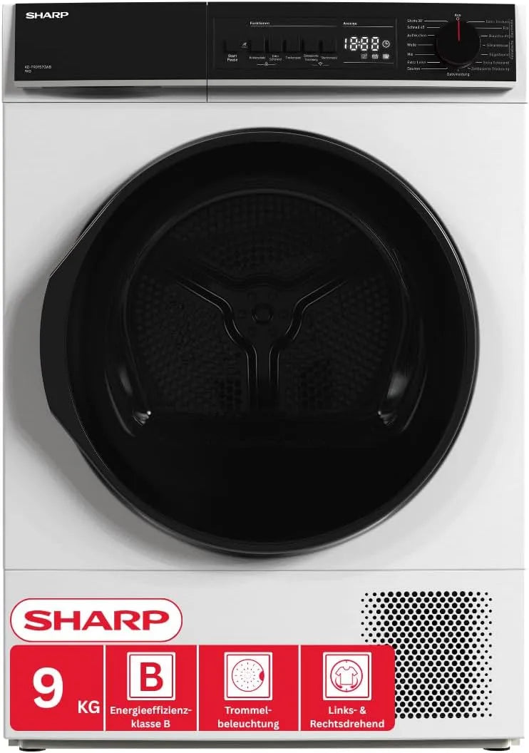 Sharp KD-PRO9S7GWB-DE 30-Minuten-Schnelltrockenprogramm Wäschetrockner, 9 kg, WLAN, Weiß, 15 Trockenprogramme inkl, 9kg, WiFi