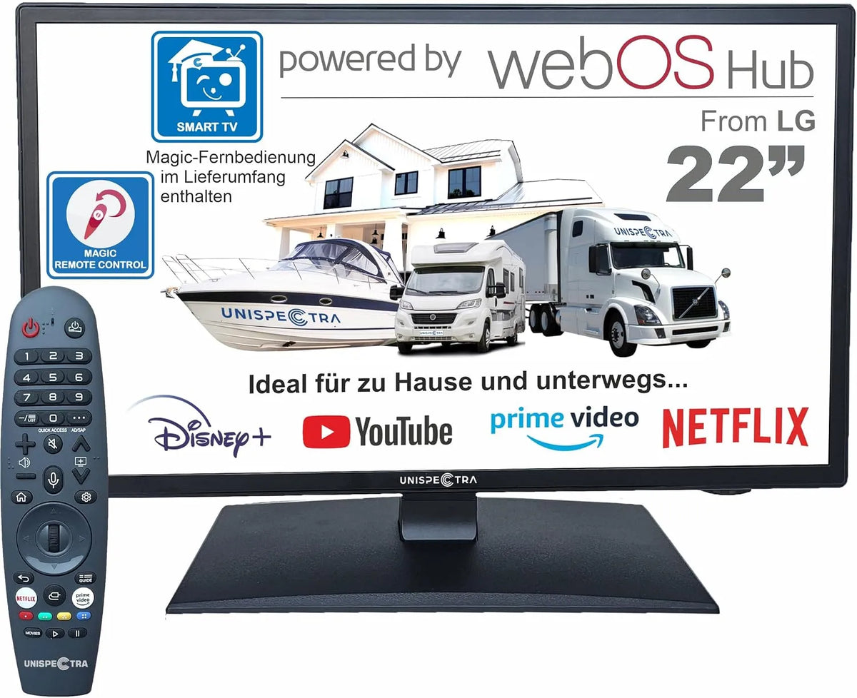Smart TV 3xHDMI 2xUSB, 230 V, 3 HDMI, 2 USB, Fernseher, webOS, Triple-Tuner DVB-T2, S2, Full HD, Unispectra ® 22' Smart TV, Magic Remote. 12V