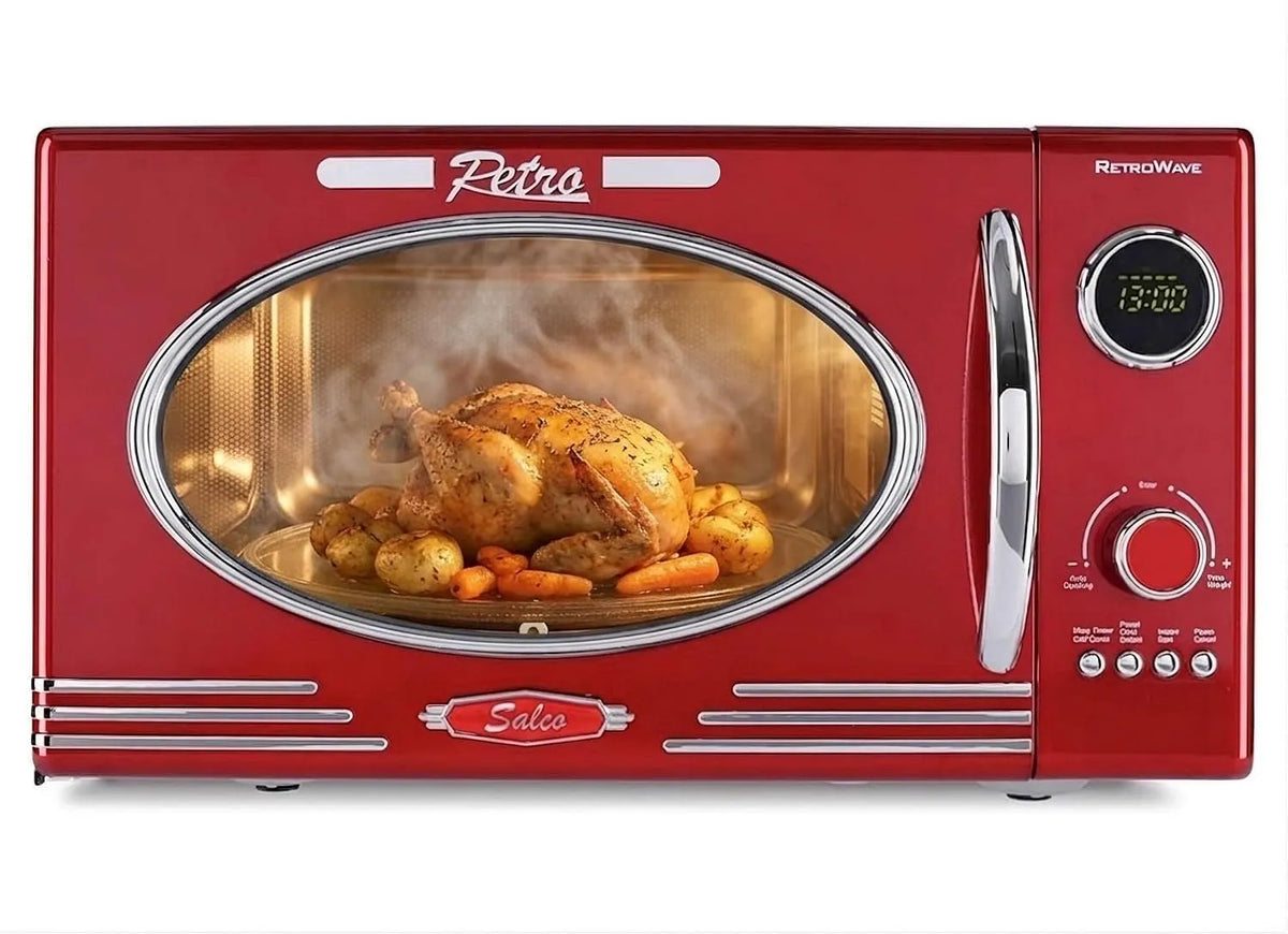 Mikrowelle, 23 L, 900 W, Grill, Auftaufunktion, Rot, 12 Funktionen inkl, metallic-rot