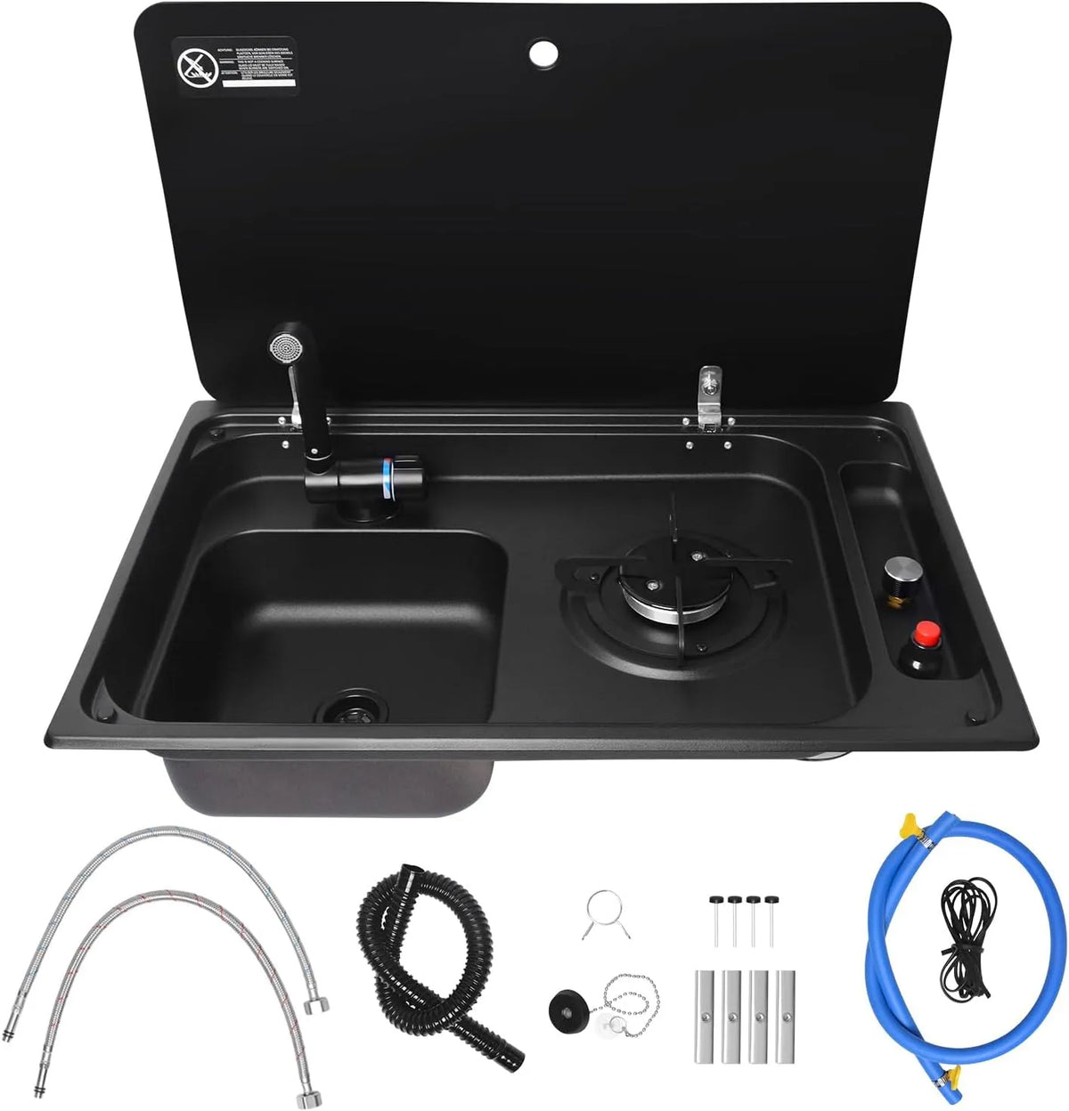 Küchenarmatur, Edelstahl, Wohnmobil-Gasherd und Spüle Kombi mit Deckel aus gehärtetem Glas, kompakte Koch- und Waschstation mit klappbarem Wasserhahn