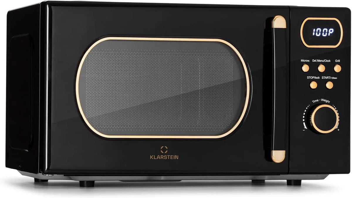 Klarstein Mikrowelle, 20 L, Grill, Pizza, Auftaufunktion, Mikrowellenofen, Schwarz, 800 Watt Mikrowelle Klein, Drehteller, Platzsparend, Einfach zu