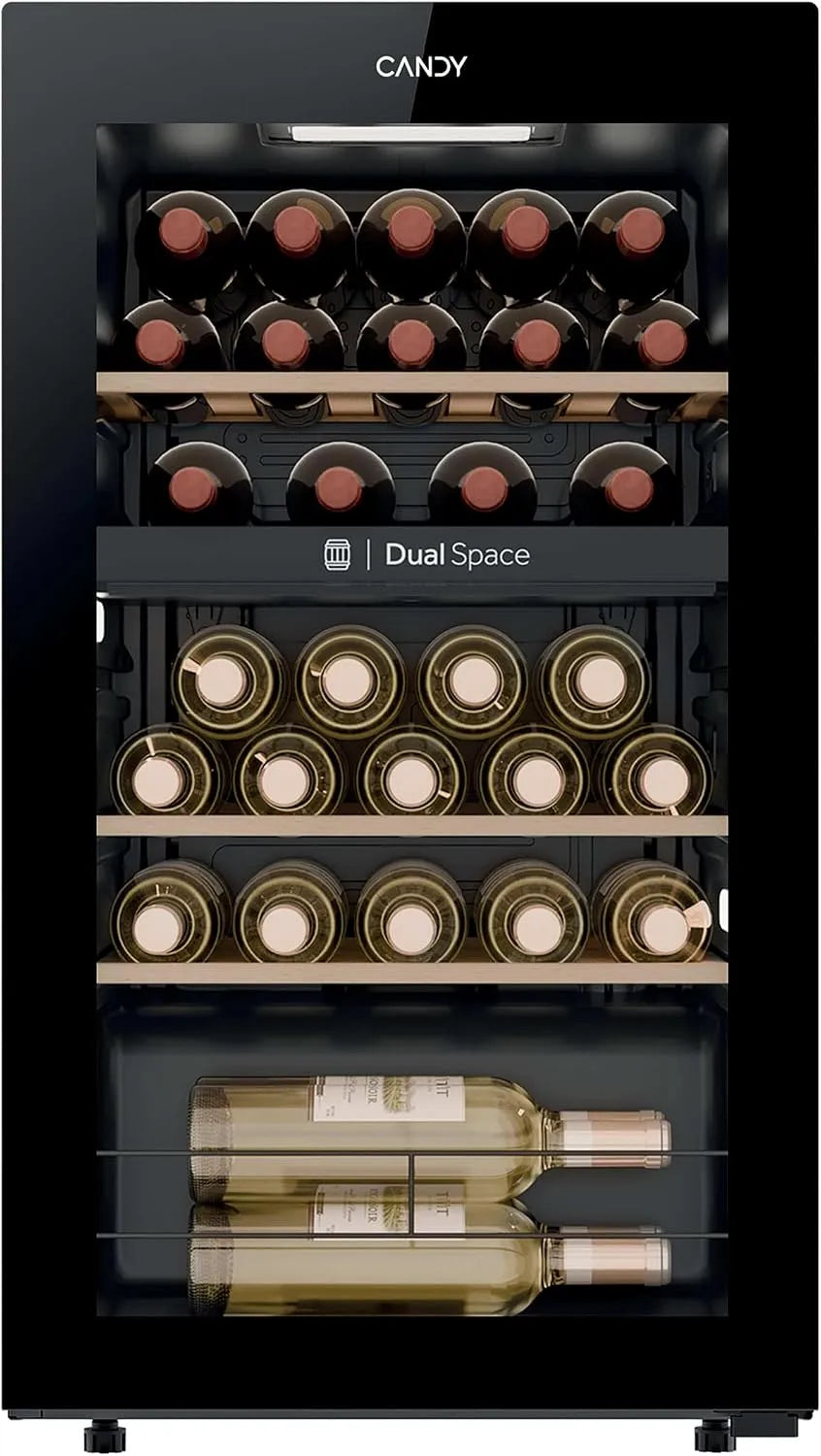 Candy CNWQ4G32G2 Weinkühlschrank, 32 Flaschen, 37 dB, LED-Beleuchtung, Schwarz, wendbare Tür, 2 separate Zonen, Anti-UV-Behandlung, 3 Regale