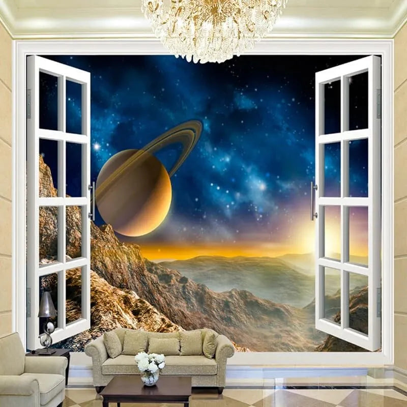 Fototapete, Wunschgröße, 3D-Optik, Wohnzimmergestaltung, ZEZILE Benutzerdefinierte Fototapete 3D Außenfenster Szenerie Planet Wandbild Wohnzimmer Sofa