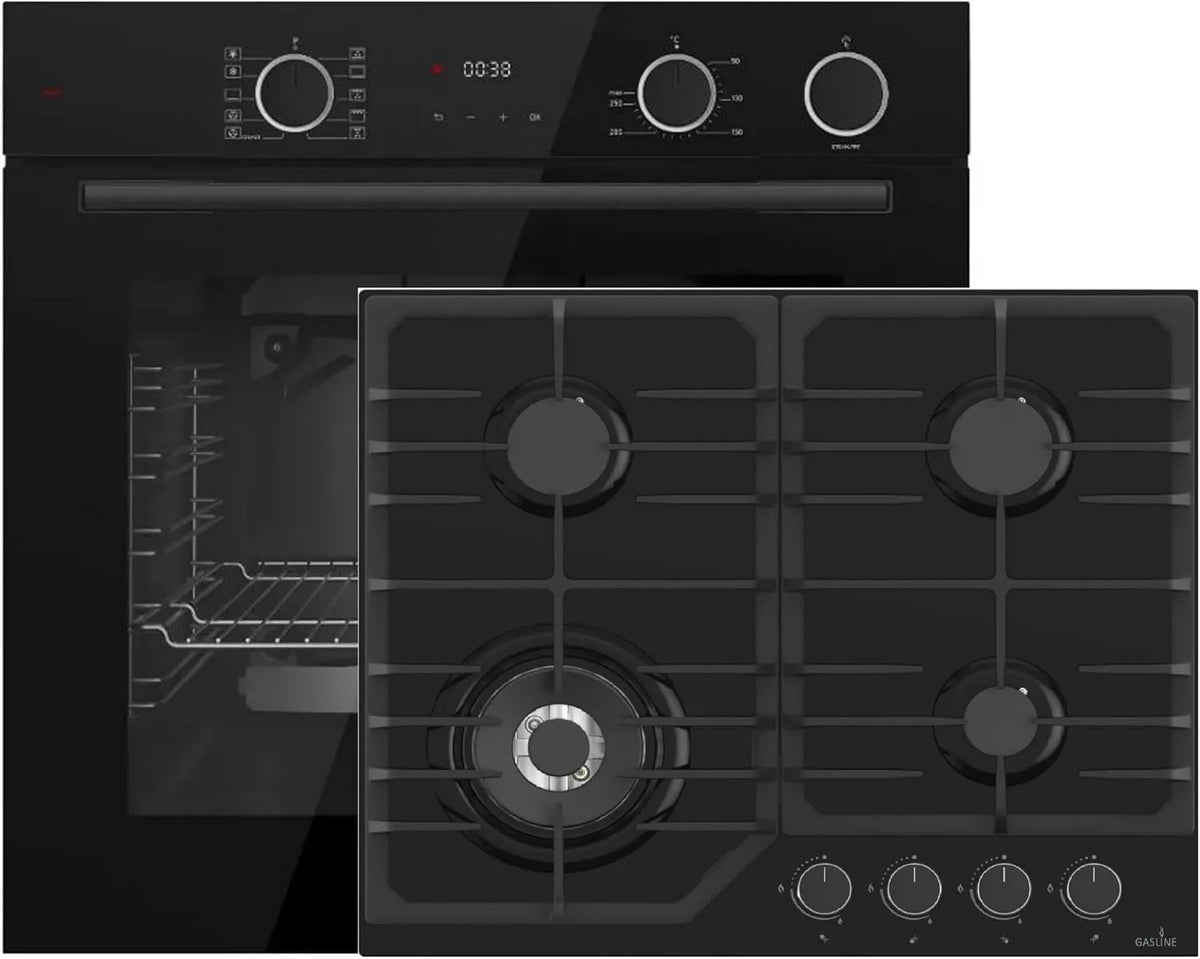 Backofen 4-Flammen, 60 cm, 73 L, Einbau, Dampf, versenkbare Knebel + Gas Kochfeld mit Wokbrenner 3, 10 Funktionen, 8 kW, 280°C, 73L xxL Backofen mit