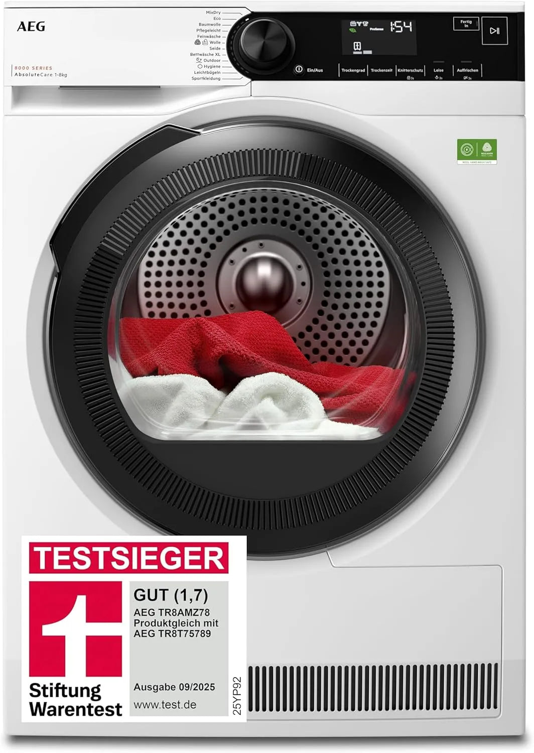 AEG Serie 8000 TR8AMZ78 Wäschetrockner, 8 kg, Testsieger der Stiftung Warentest 2025, AEG Wärmepumpentrockner 8kg, Innenbeleuchtung TR8AMZ78