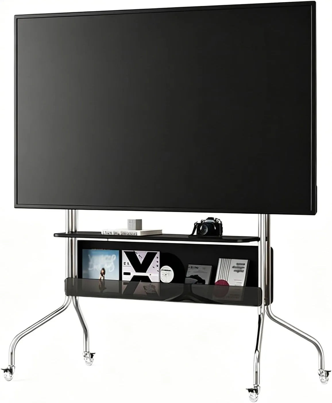 TV-Möbel, 86 Zoll, Transportrollen, TV Standfüße mit Ablage, TV Bodenständer, TV Ständer Rollbar, Fernsehständer mit Rollen