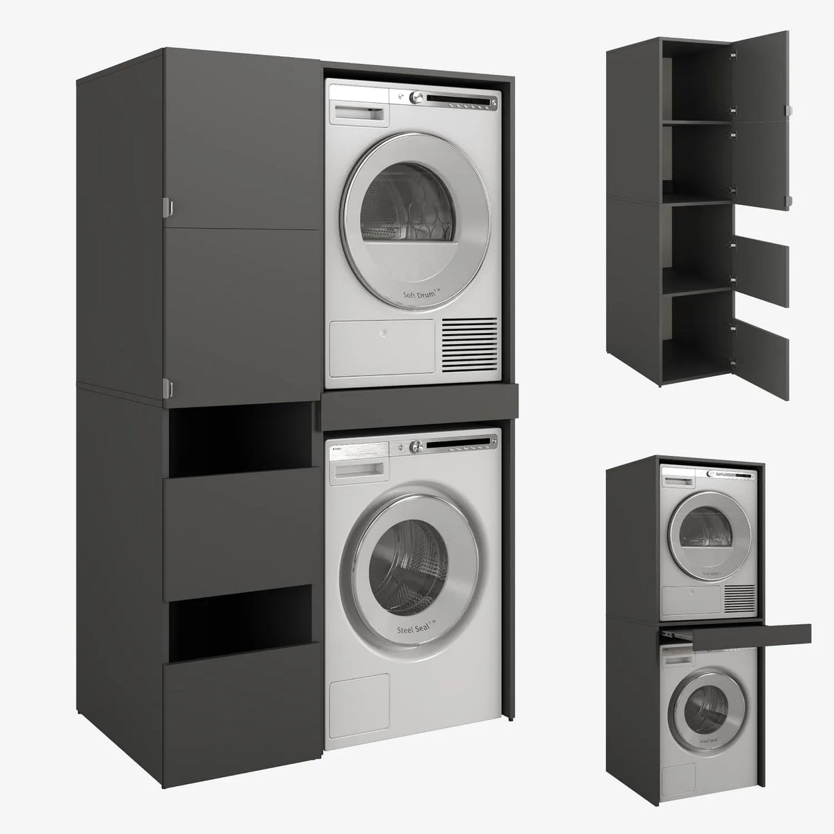 Waschmaschine, 66 cm, 111 cm, 45+66, Anthrazit, PLATAN ROOM Hochschrank Badschrank Waschmaschine Trockner Schrank Waschmaschinenschrank für