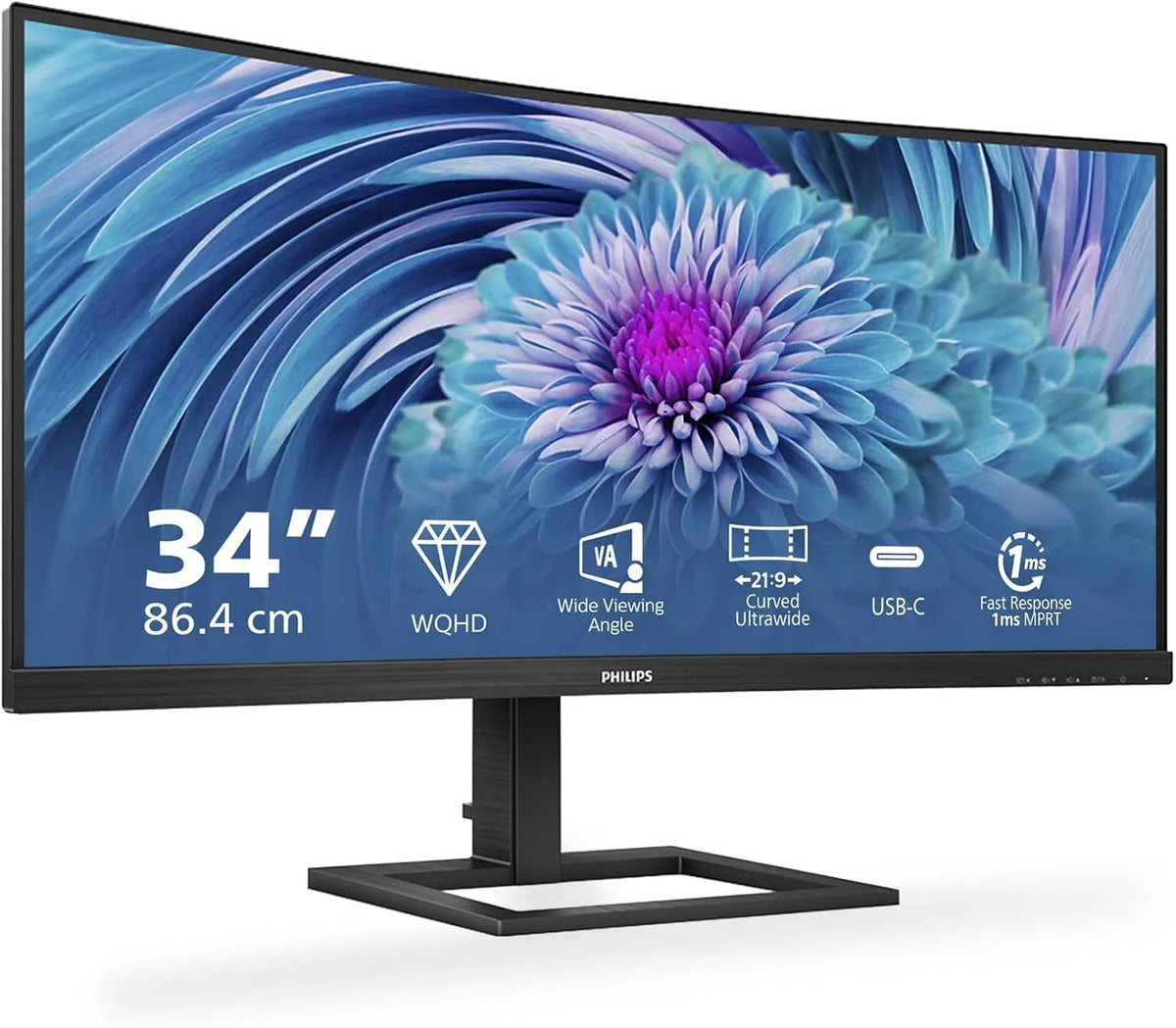 Philips 346E2CUAE Monitor, 34 Zoll, 3440 × 1440, 75 Hz, WQHD, IPS-Panel, HDMI, USB, Schwarz, DisplayPort