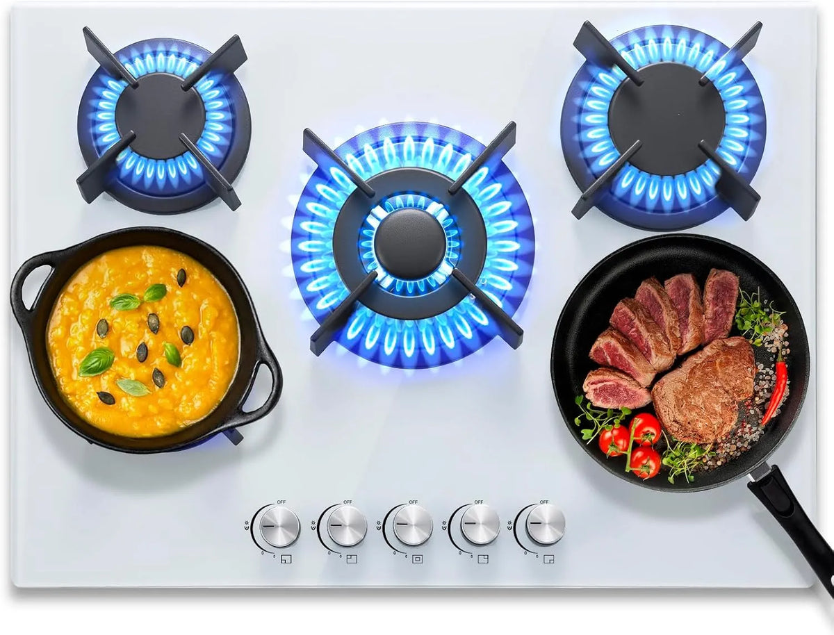 Gaskochfeld, 70cm, SNDOAS, Einbau, Gaskocher, Weiß, SNDOAS Gaskochfeld 5 Flammig Weiß