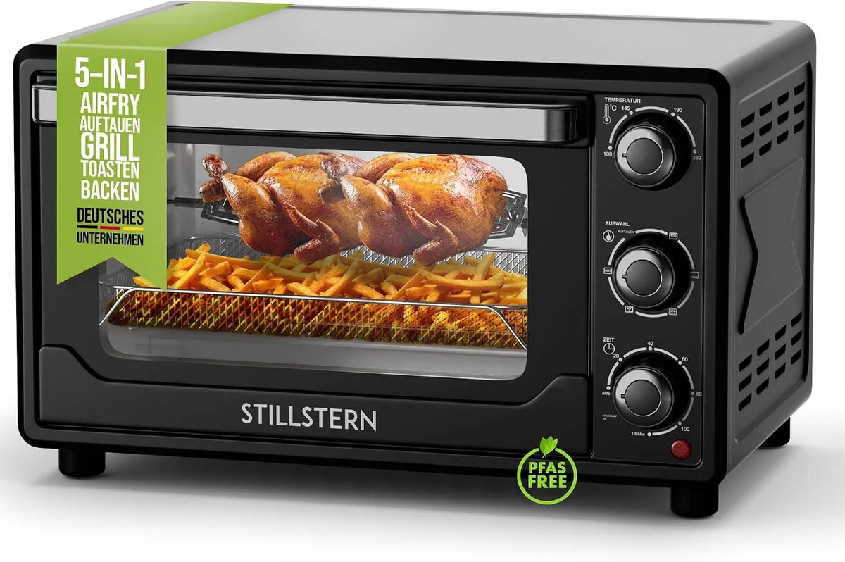 Elektrischer Pizzaofen, 25 L, Timer, Grill, kompakt, Camping, Antihaftbeschichtung, Auftaufunktion, DE Version, Stillstern Minibackofen mit Umluft 25L
