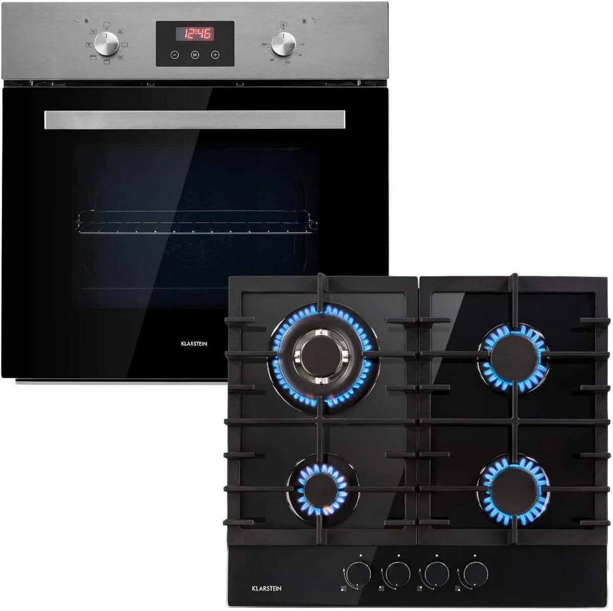 Klarstein 4-Zonen-Gaskochfeld Backofen, 68 L, 50 bis 250 °C, Einbau, Edelstahl, Schwarz, Glaskeramik, Gas & Elektro, EEC A