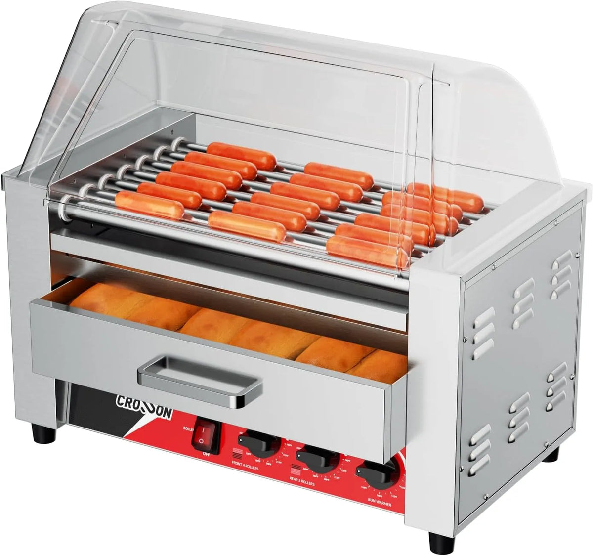 Produkt 7 Rollen Edelstahl Hot Dog Machine Elektrogrill 1350W mit Brötchenwärmer, CROSSON 2 in 1 Profi Hot Dog Grill, Transparentem Deckel