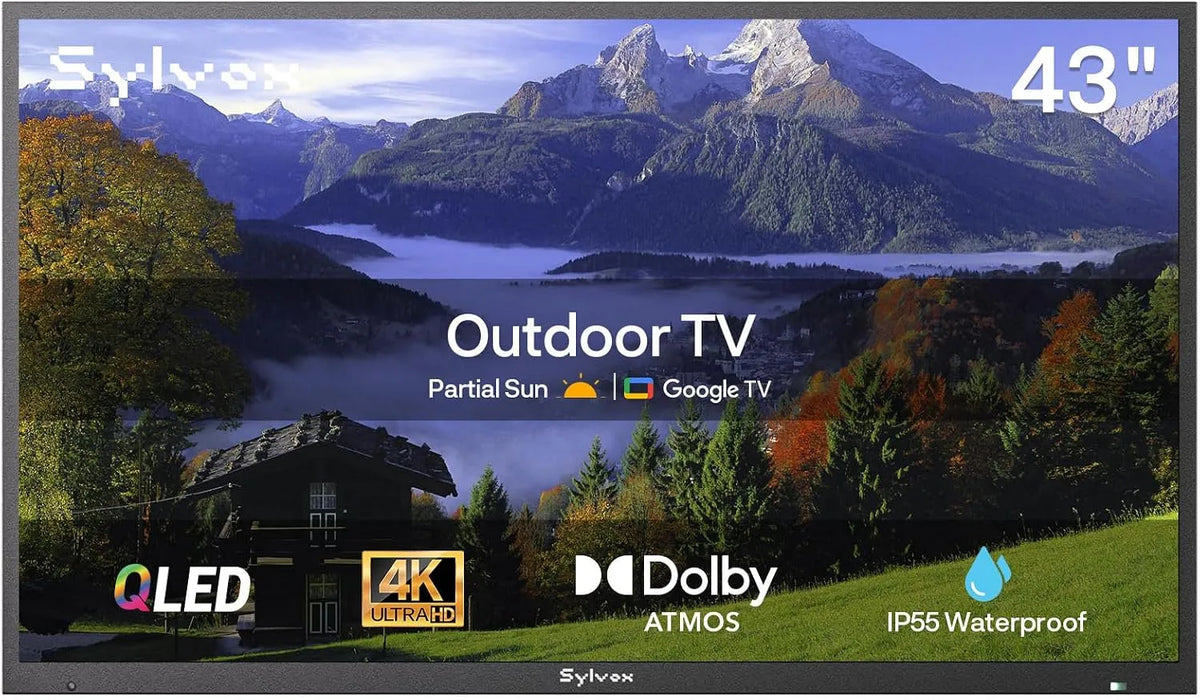 Google Smart TV, 43 Zoll, Fernseher, 4K UHD, QLED, Dolby Audio, Outdoor, IP65, Gastronomie, 1000 Nits Helligkeit TVS für Terrasse, IP55 Wasserdicht