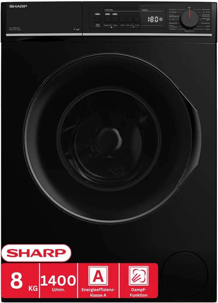 Sharp ES-PRO814BA-DE Waschmaschine, 8 kg, WLAN, Inverter, Dampf, aquaStop, Schwarz, 1400 U/min, EEK A, WiFi