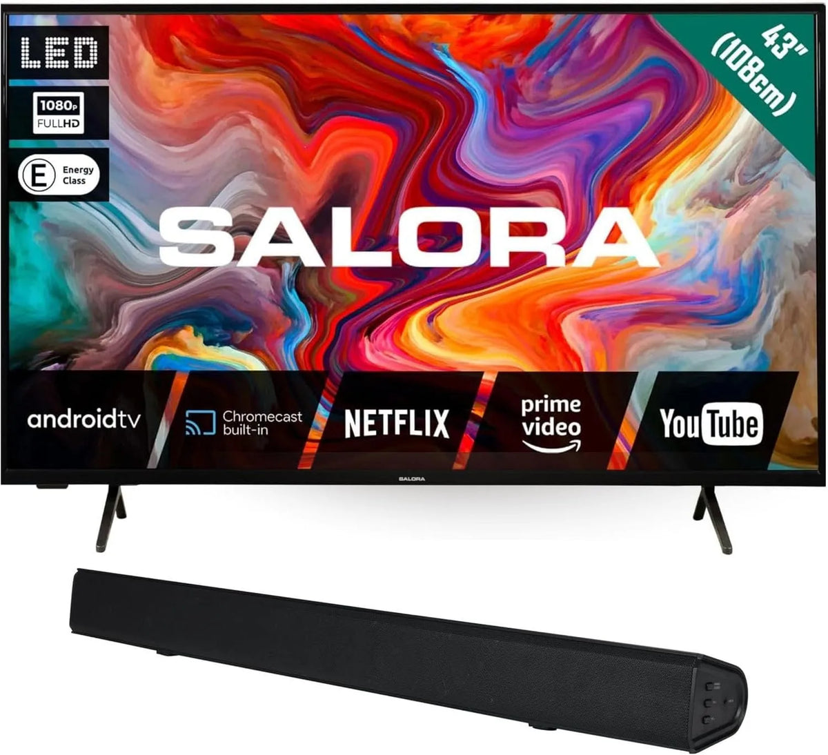 Smart TV SBO680, 43 Zoll, Fernseher, HDMI, WLAN, Bluetooth, Android OS, 1 Soundbar 80W Subwoofer, HDMI ARC, Home Cinema Set