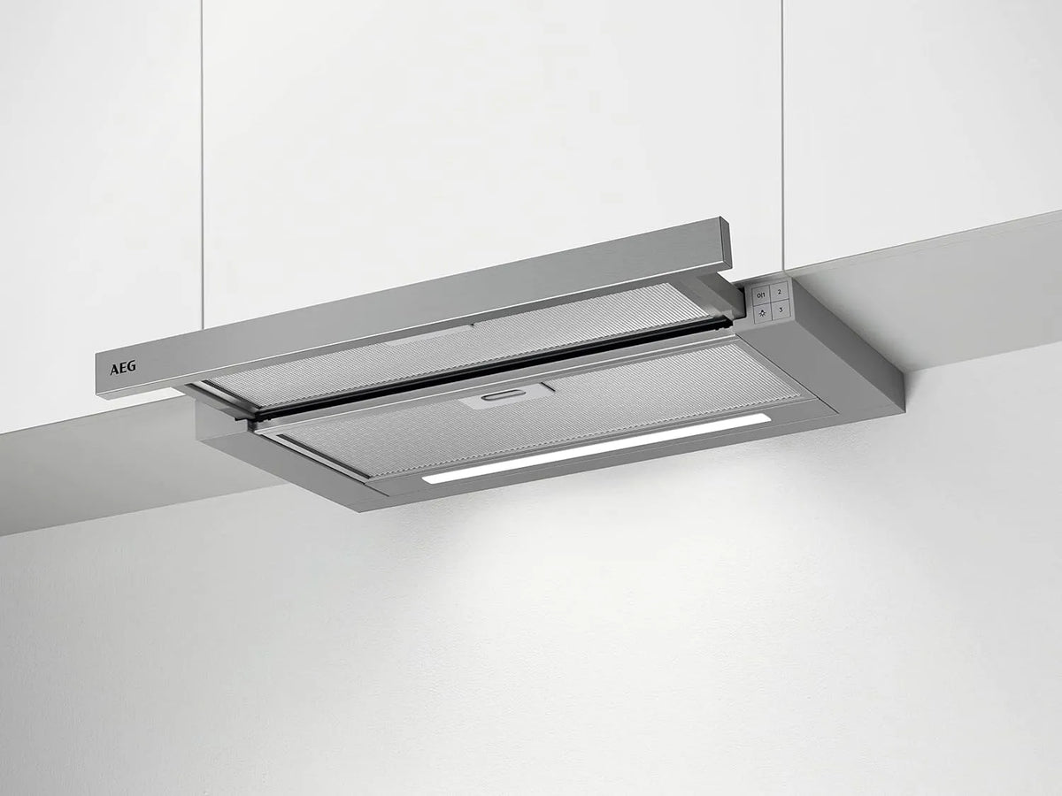 AEG DPS3640AM Dunstabzugshaube, 60cm, 345 m3/h, 68 dB, Küchenhaube, Abluft- und Umluftbetrieb, Grau, max. 68 dB, min. 49, Abluft oder Umluft