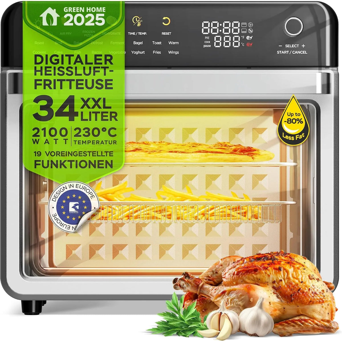 Backofen, 34 L, 2100 W, 40 bis 230 °C, TurboTronic 19in1, Grill, Multi-Smart-Ofen, Heißluftofen & Heißluftfritteuse 2100W Power 34L bis 0, 5 kg Pommes