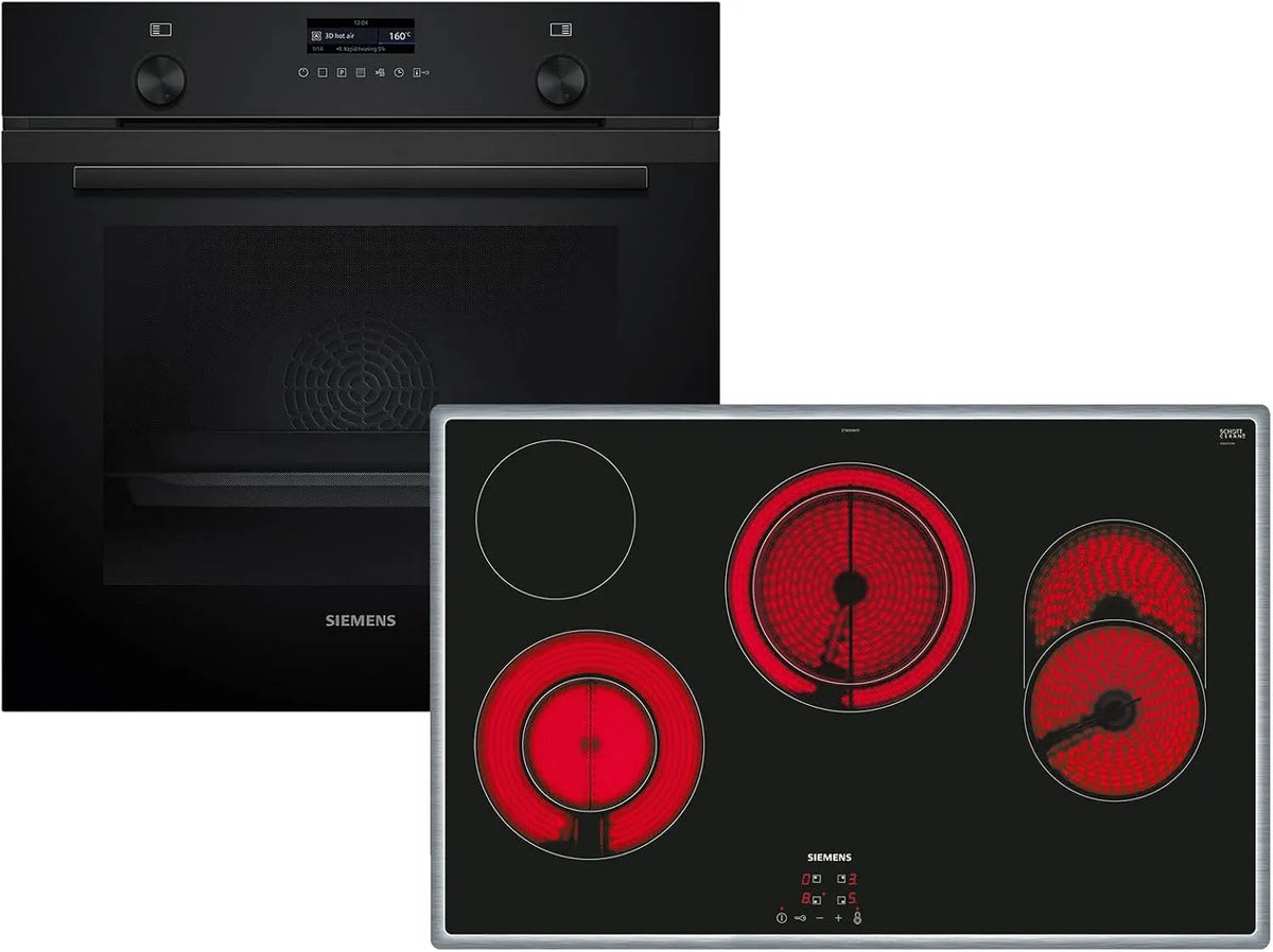 Siemens PQ524KA3BZ HB279GBB3 Glaskeramikkochfeld, autark, 4K UHD, Edelstahl, Schwarz, Siemens Set PQ524KA3BZ Pyrolyse-Backofen Deep Black Inox
