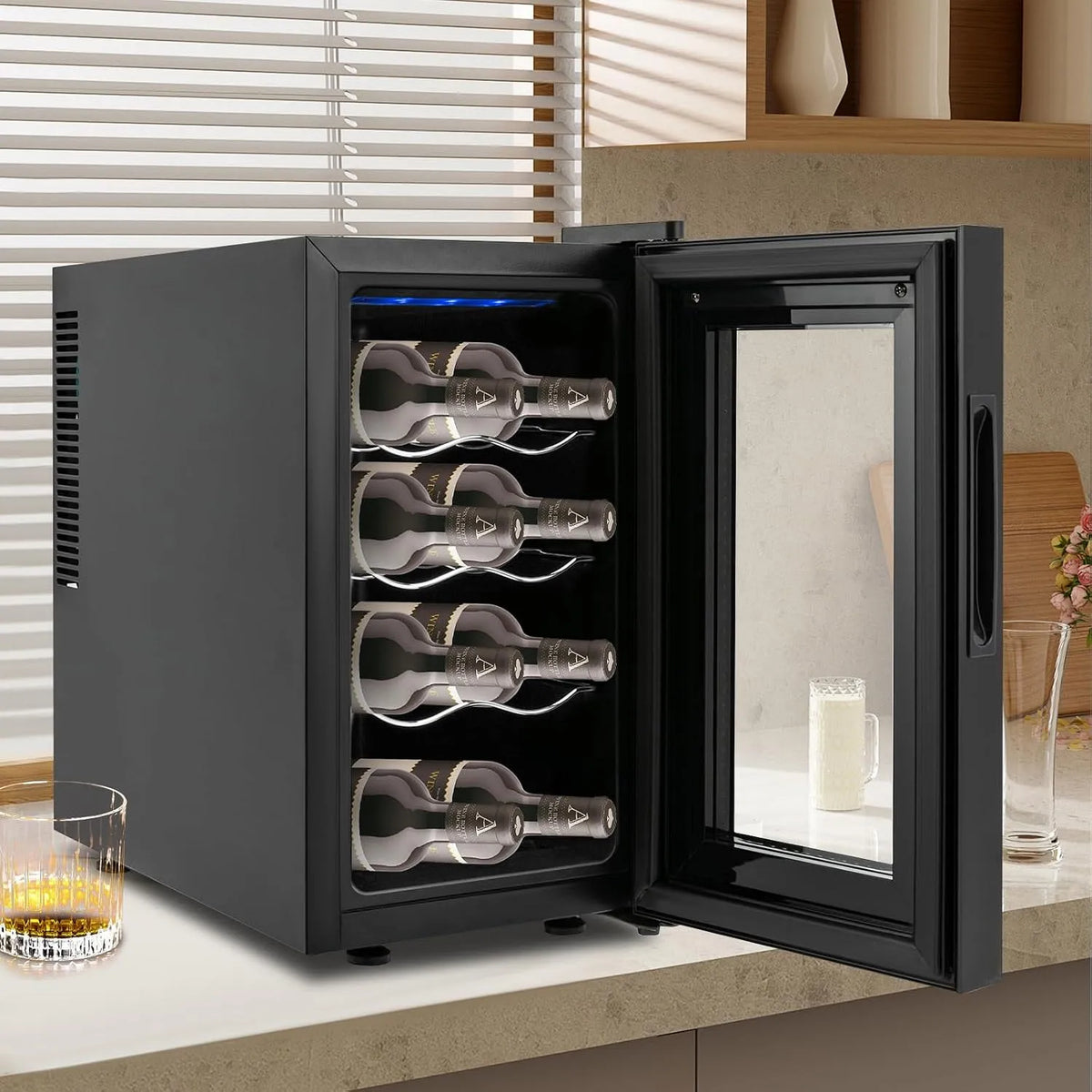 Weinkühlschrank, 23 L, 8 Flaschen, Glas, Fassungsvermögen 23L, Innenbeleuchtung