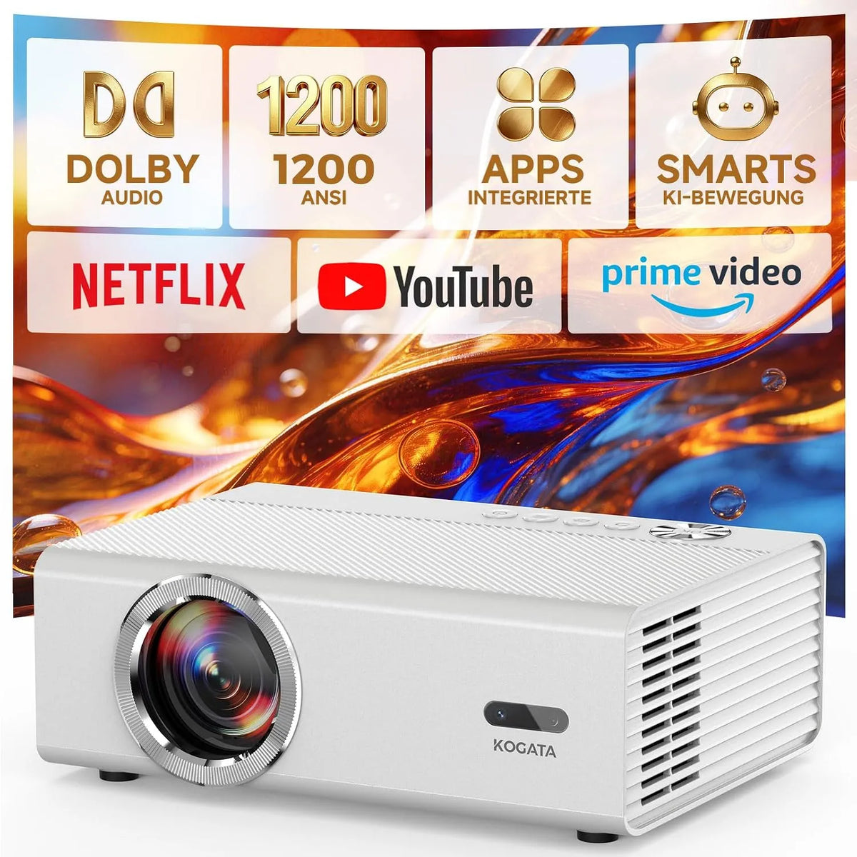 Projektor, WLAN, Bluetooth, HDR, 4K UHD, Beamer, HDR10+, 6D Keystone, KOGATA Projektor mit Autofokus