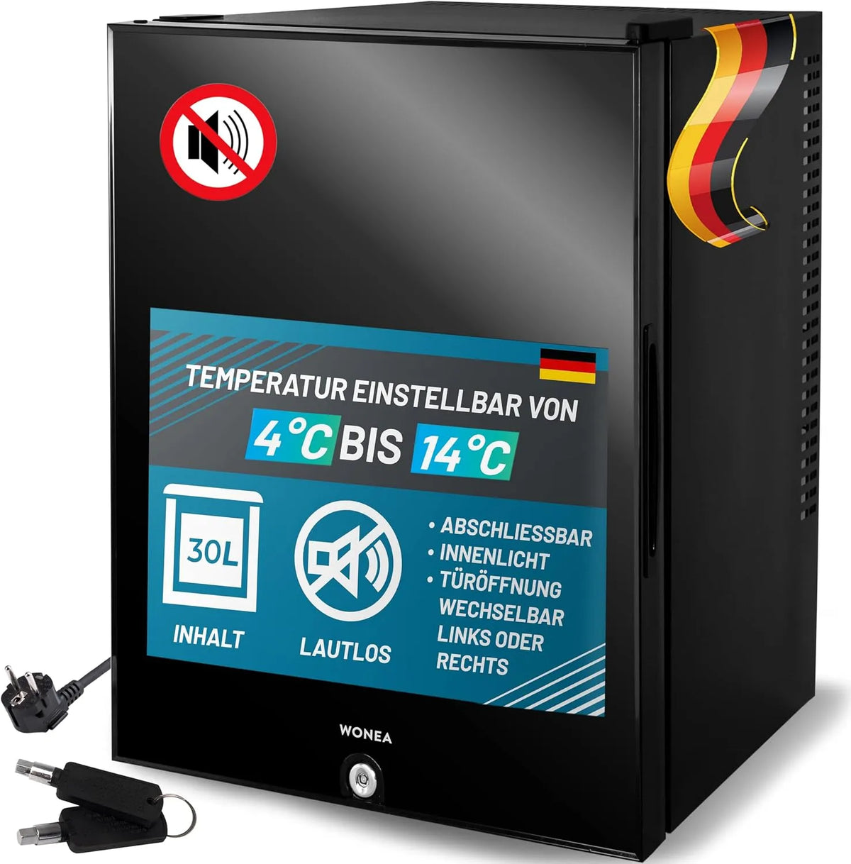 Kühlschrank, 30 L, 4 bis 14 °C, Temperatur einstellbar 4°-14°C, Schloss, 30 Liter Mini Kühlschrank LAUTLOS