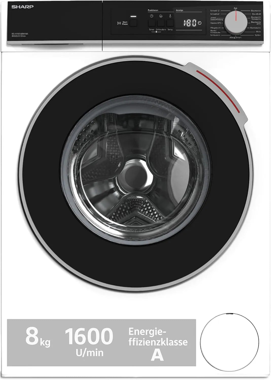 Sharp ES-NFA816BW1NA-DE Waschmaschine, 8 kg, Inverter, aquaStop, Weiß, 1600 U/min, EEK A