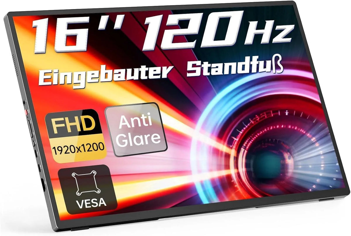 Monitor, 16 Zoll, 1920 × 1200, 120 Hz, Gaming-Ausstattung, tragbar, Full HD, IPS-Panel, HDMI, USB, PC-Bildschirm, Integrierter Ständer & VESA