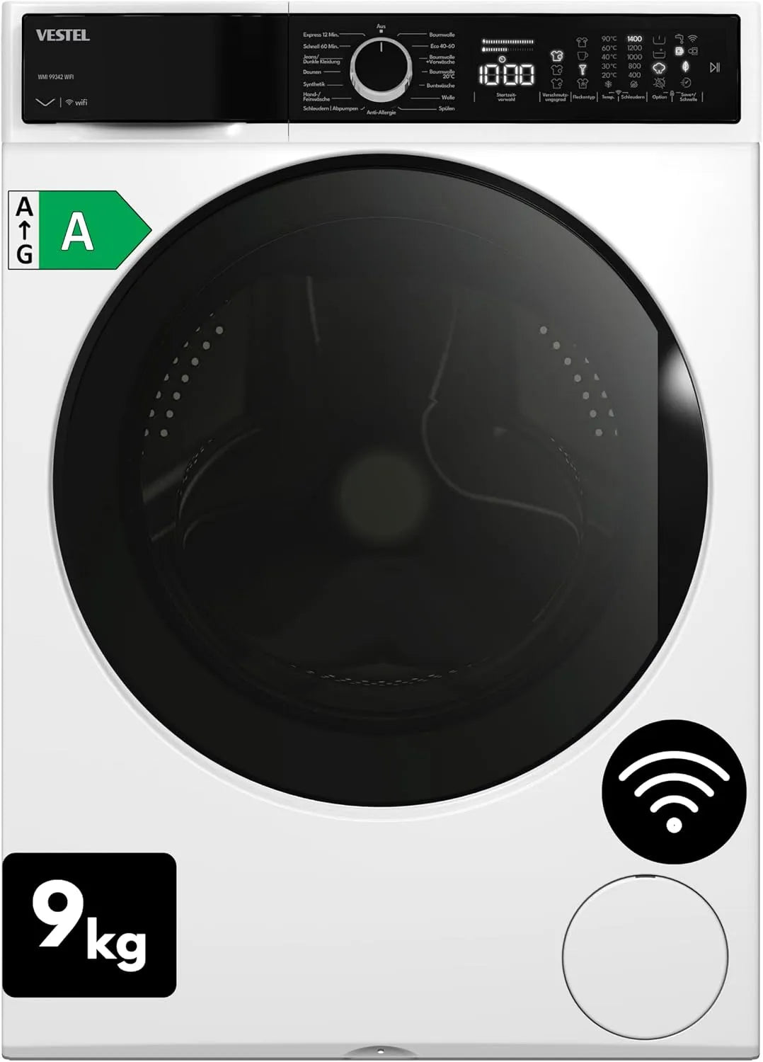 Waschmaschine, 9 kg, Energieklasse A, WLAN, App, Inverter, leise, Weiß, 1400 U/min, WLAN-fähig, Schnellprogramm, unterbaufähig