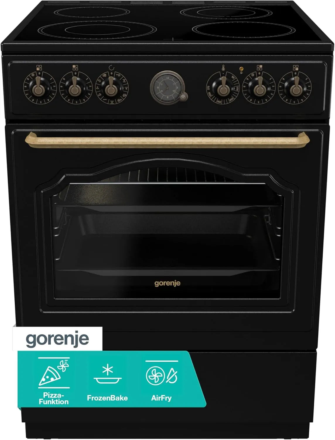Gorenje B70CLB Standherd mit Backofen, 60cm, 71 L, Pizza, Schwarz, Gorenje Classico GECS 6 B70CLB Elektrostandherd mit Glaskeramik-Kochfeld, 71 Liter