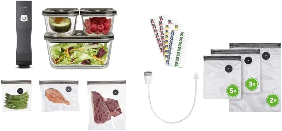 Caso Handvakuumierer inkl. 3 Vakuumbehälter aus Glas, Vacu OneTouch Eco-Set, 10 ZIP-Beutel und Food Manager Sticker, kabellos, bis zu 150 Minuten