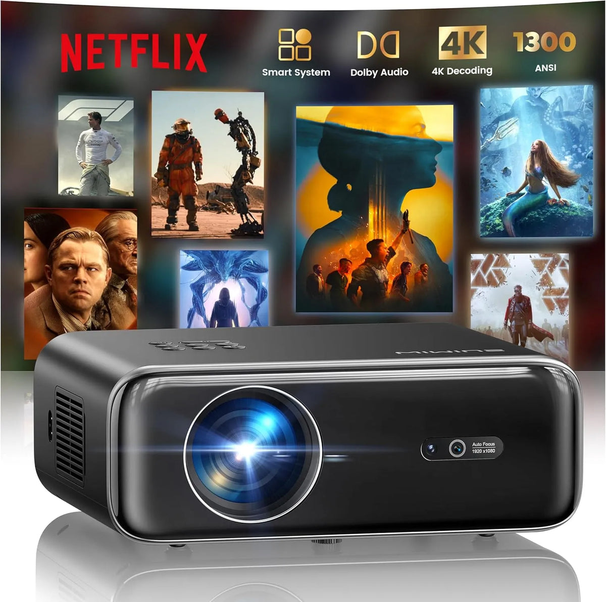 Projektor Autofokus, 6D 1080P, Outdoor, WLAN, Bluetooth, Dolby Audio, 4K UHD, Full HD, Beamer, Smart Beamer, WiMiUS 1300 ANSI Autofokus, jetzt mit